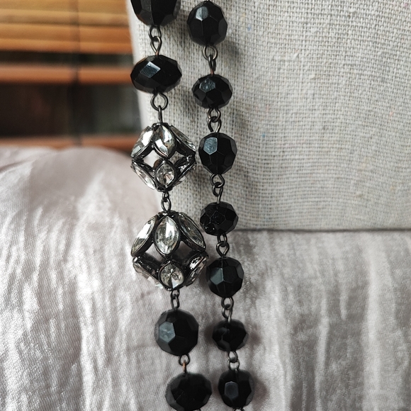 Dramatic Opera Length Black Plastic Faceted Glass Clear Rhinestone Bead Necklace - Picture 8 of 15